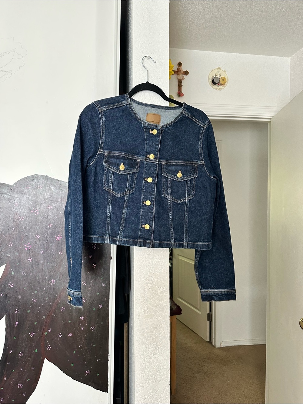 American Eagle Outfitters Dark Blue Denim Jacket with Gold Buttons